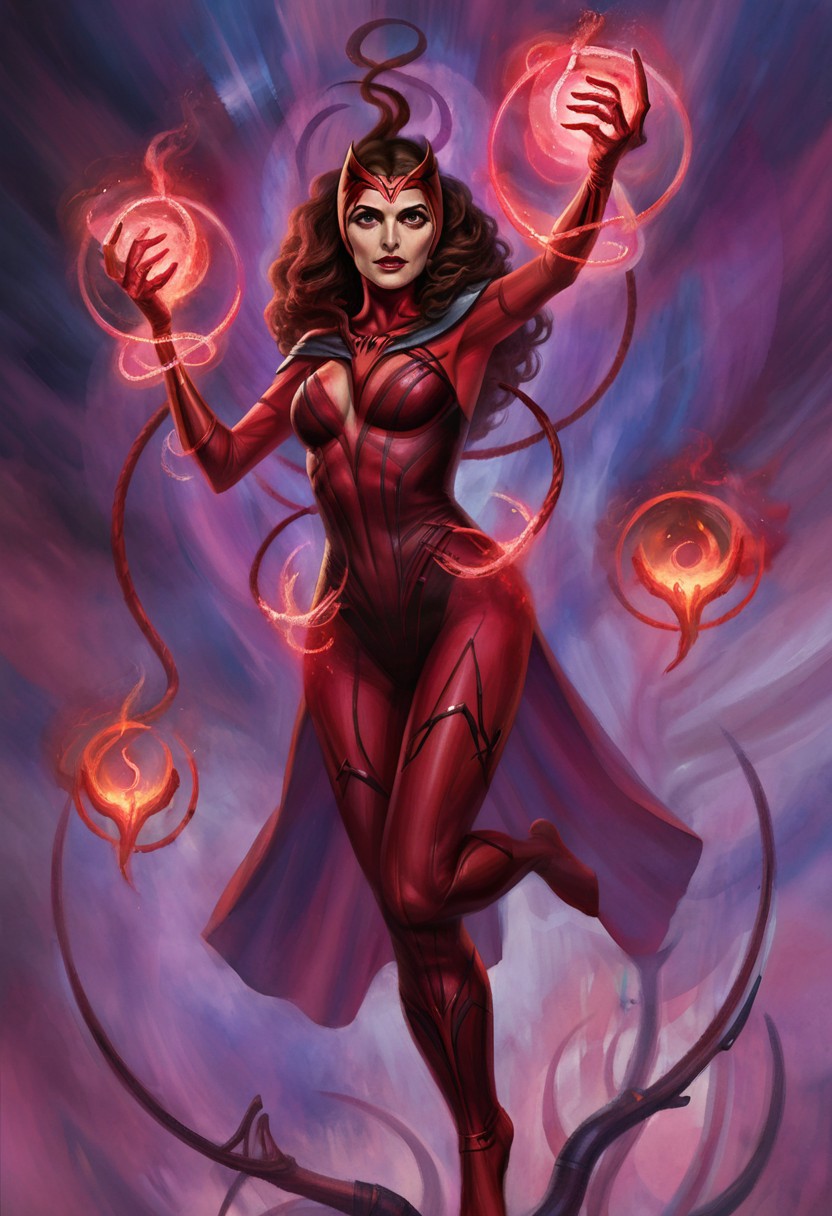 (w4rh4mm3r style oil painting, grimdark), marvel scarlet witch woman, witch floating in the air with powerful Eldritch magic coming from her hands. cybernetic arm, busty, cleavage