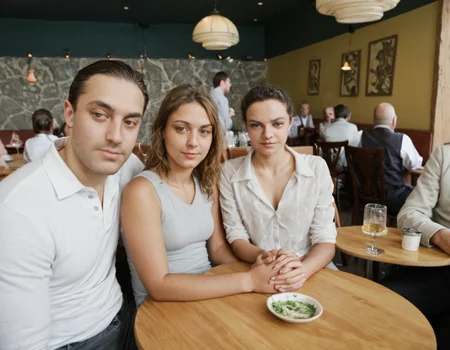multipeoplelora, 2men, 2women, sitting in restaurant, portrait