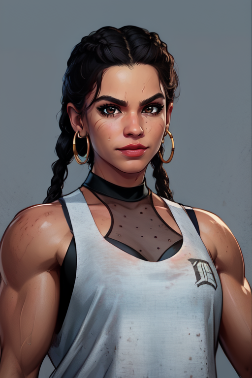 carla, black hair, brown eyes, twin braids,   looking at viewer, 
white tank top, choker,   hoop earrings,  biceps, 
 toned,   upper body,   smile, serious,  fierce, 
 vibrant background,  amusement park,    solo,  morning, 
(insanely detailed, beautiful detailed face, masterpiece, best quality) cinematic lighting, 
 <lora:carla:0.8>