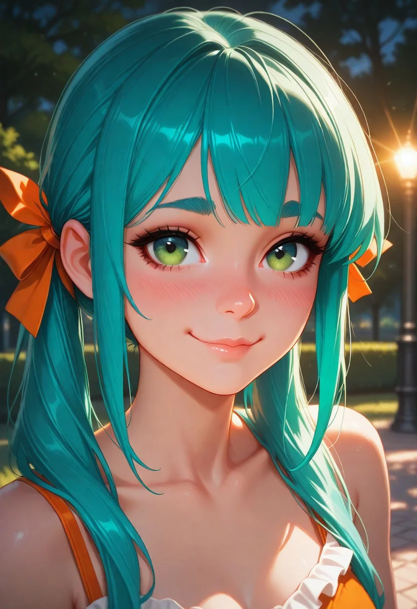 masterpiece, best quality, amazing quality, volumetric lighting, (by_neoartcore:0.1), BREAK, 1girl, 25 years old, mature, adult,
detailed face, portrait, face focus, depth of field, looking at viewer, blush, shy smile,
green eyes,
aqua hair, long hair, twintails, sidelocks, thick eyebrows, eyebrows hidden by hair, hair ribbon, orange ribbon,
frilled dress, orange dress, sleeveless dress, bare shoulders, collarbone,
park,