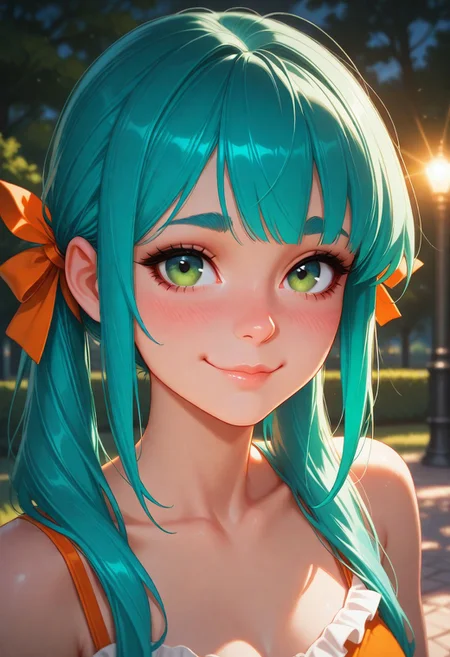 masterpiece, best quality, amazing quality, volumetric lighting, (by_neoartcore:0.1), BREAK, 1girl, 25 years old, mature, adult,
detailed face, portrait, face focus, depth of field, looking at viewer, blush, shy smile,
green eyes,
aqua hair, long hair, twintails, sidelocks, thick eyebrows, eyebrows hidden by hair, hair ribbon, orange ribbon,
frilled dress, orange dress, sleeveless dress, bare shoulders, collarbone,
park,