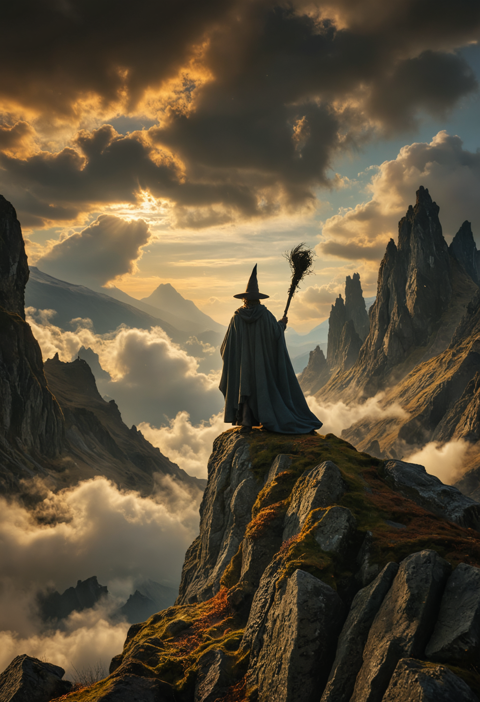 A wise wizard in a billowing slate-grey cloak and pointed hat, stands atop a jagged moss-covered rock precipice, a twisted gnarled staff in hand, with his back to the viewer, gazing into a luminous cloud-filled sky in warm hues of gold amber and soft blue, surrounded by the dark brooding silhouettes of craggy peaks, sense of serene yet powerful solitude, <lora:MJ52:0.3>, <lora:CinematicStyle_v1:0.5>, <lora:add-detail-xl:1>, <lora:volumetric lighting:0.5>