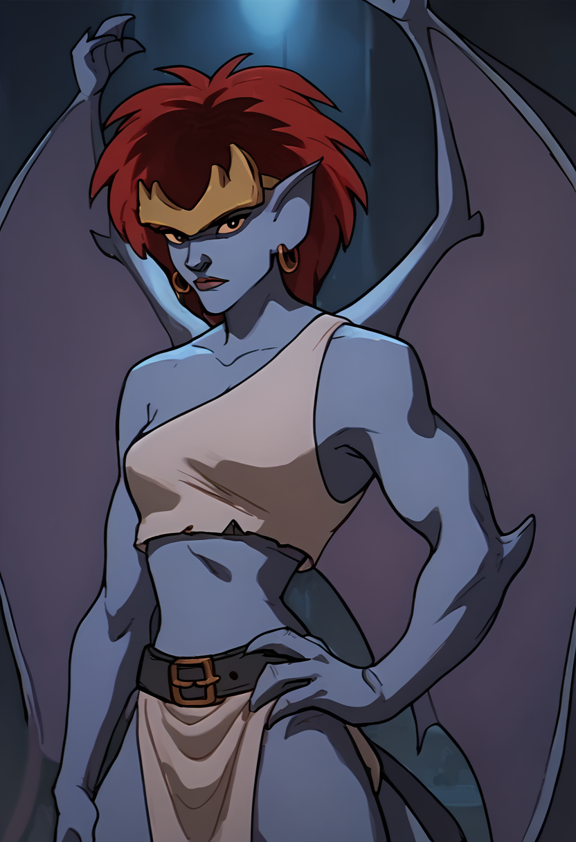 <lora:DemonaPony1.0:1>demona, solo, 1girl, red hair, hoop earrings, pointy ears, wings, tank top, short hair, tail, score_9, score_8_up, score_7_up, score_6_up, score_5_up, score_4_up, looking at viewer, hand on own hip, cowboy shot,