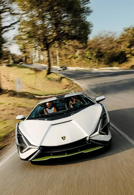 future cars, Lambo 63, sian, Lamborghini, Lamborghini Sian, Sian FKP37, Lambo, White colored Lamborghini Sian FKP37,sports car, morning, sunny sky, speeding on the highway, trees