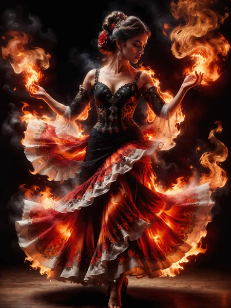 poster art, famous artwork by andrew atroshenko and artgerm and rembrandt and frank frazetta, a stunningly beautiful spanish female flamenco dancer wearing an ornate dress made of blazing fire, dancing, flamenco pose, sss, subsurface scattering, ral-dissolve, translucent fire element, blazing flames, intricate fabric, (perfect hands:1.4), closed eyes, dark makeup, dramatic, ultra detailed, overall_detail-xl-by_kaleidia <lora:add-detail-xl:2.0> <lora:more_artful-xl:0.6> <lora:special_effects-fire_element-xl-by_shan_bailing:0.8> <lora:subsurface_scattering_aka_what_does_the_snake_say-xl-by_ajuro:1.0> <lora:style-dissolve-sdxl-by_ralfinger:0.5> <lora:envybetterhiresfixxl01-xl:0.0:hr=1.0>