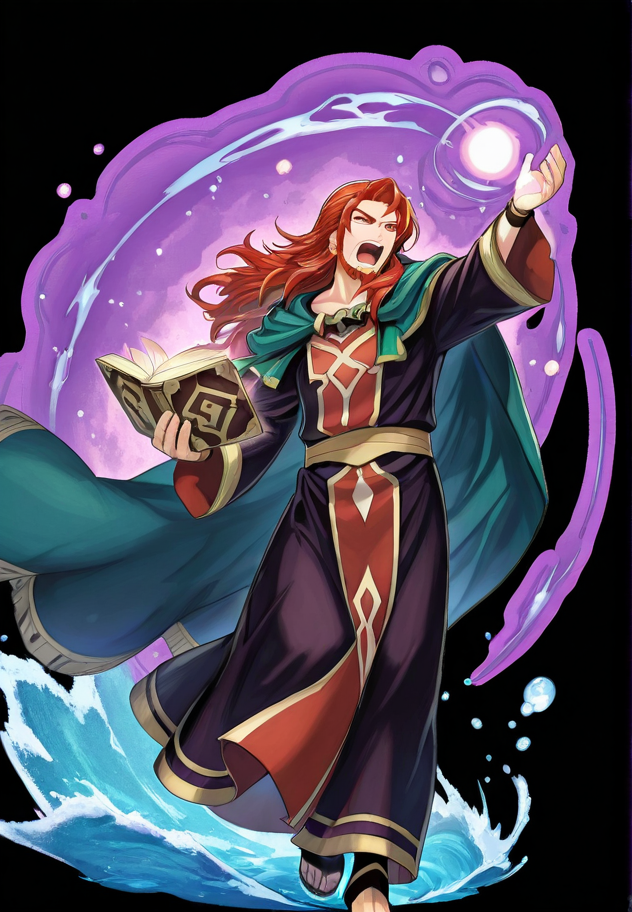 masterpiece, best quality, amazing quality, very aesthetic, absurdres,  newest, detailed background, secluded beach,, 
feh, magicaura, magic, water, bubbles, aura,
1boy, solo, book, male focus, red hair, full body, cape, jewelry, teeth, magic, facial hair, long hair, open mouth, robe, earrings, beard
<lora:Fire_Emblem_Heroes_Style:1> <lora:Magic_Aura:1>
