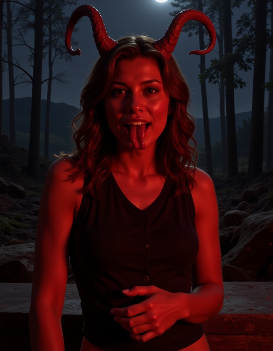 Pony_Flux_002, This is a highly detailed, CGI-rendered digital artwork featuring a demonic woman with a striking, otherworldly appearance. She has a slender, athletic build with a pale, glowing red skin, indicative of demonic nature. Her long, wavy brown hair cascades down her back, and she has two large, curved horns protruding from her forehead. Her eyes are an eerie, glowing yellow, and her mouth is open, revealing sharp, elongated teeth and a long, forked tongue.