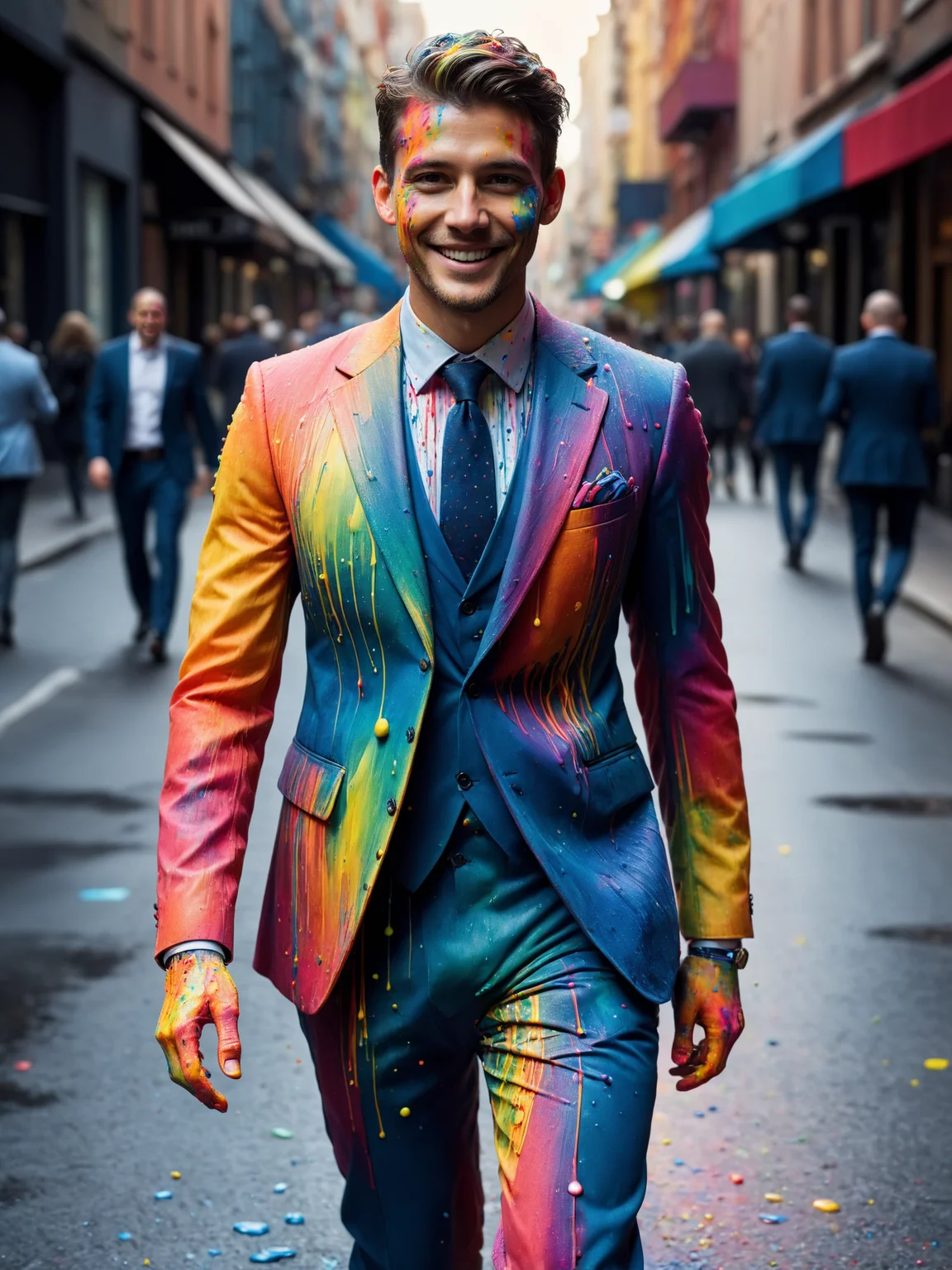 man wearing a suit made of colorful mad-thrdpnt, colorful paint, (paint splashes:1.2), walking through city, light smile <lora:3D_Paint_SDXL:0.8>, raw photo, film grain, Fujifilm XT3, (photorealistic, realistic:1.2), deep shadow, 8k, uhd, dslr, ultra high res