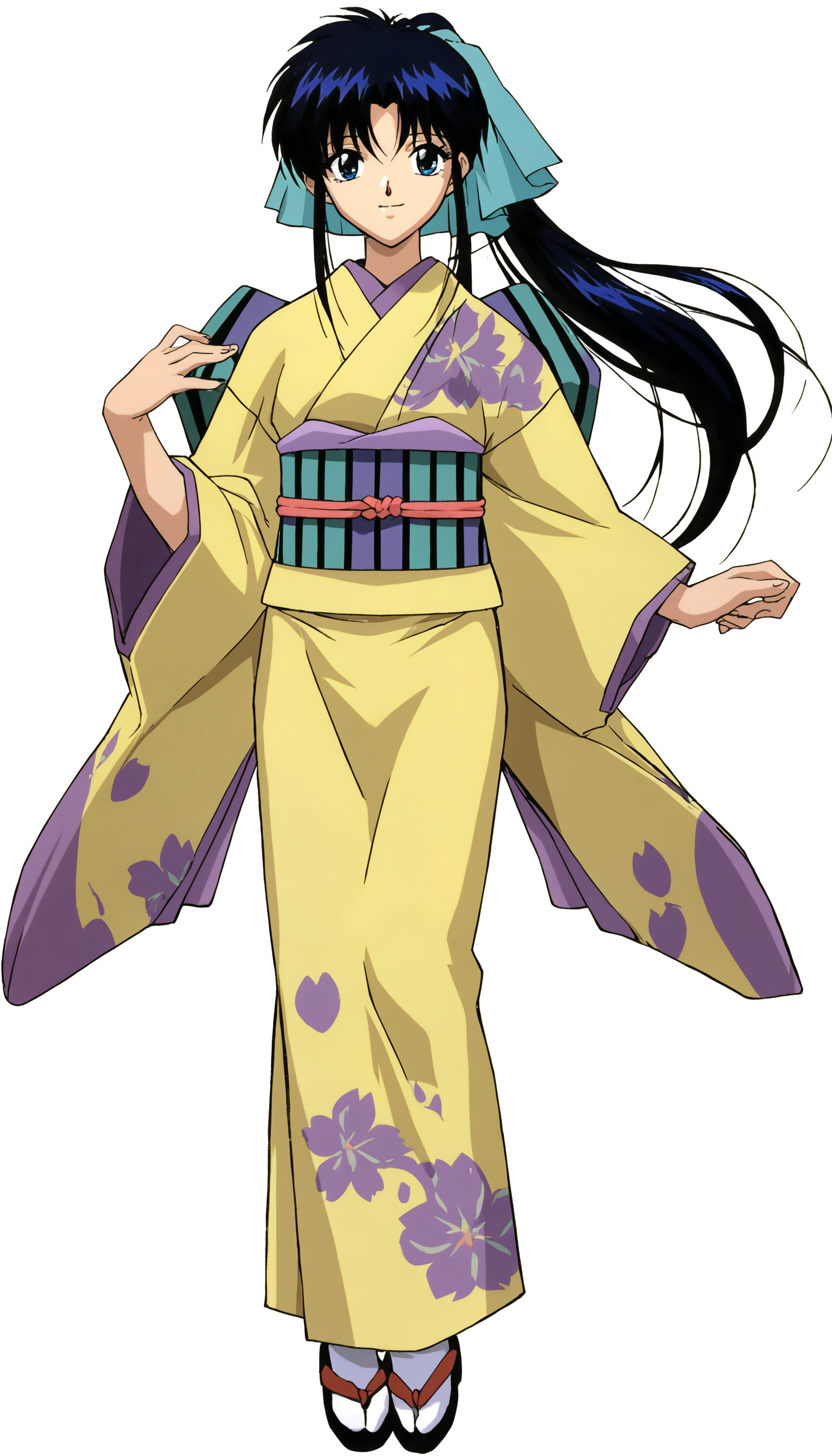 masterpiece,best quality,amazing quality,
<lora:kamiyakaoruNAI:1>,kamiyakaoru,
1girl,solo,black hair,bangs,ponytail,green scrunchie,blue eyes,yellow kimono,orange accent,green and purple obi,white tabi,geta,full body,standing,looking at viewer,smile,parted lips,