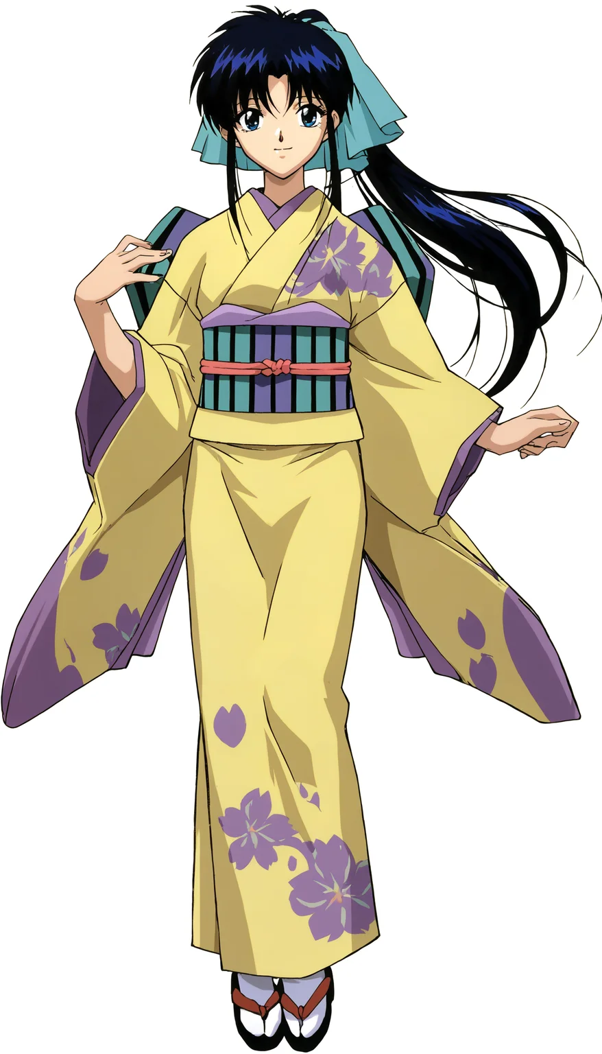masterpiece,best quality,amazing quality,
<lora:kamiyakaoruNAI:1>,kamiyakaoru,
1girl,solo,black hair,bangs,ponytail,green scrunchie,blue eyes,yellow kimono,orange accent,green and purple obi,white tabi,geta,full body,standing,looking at viewer,smile,parted lips,