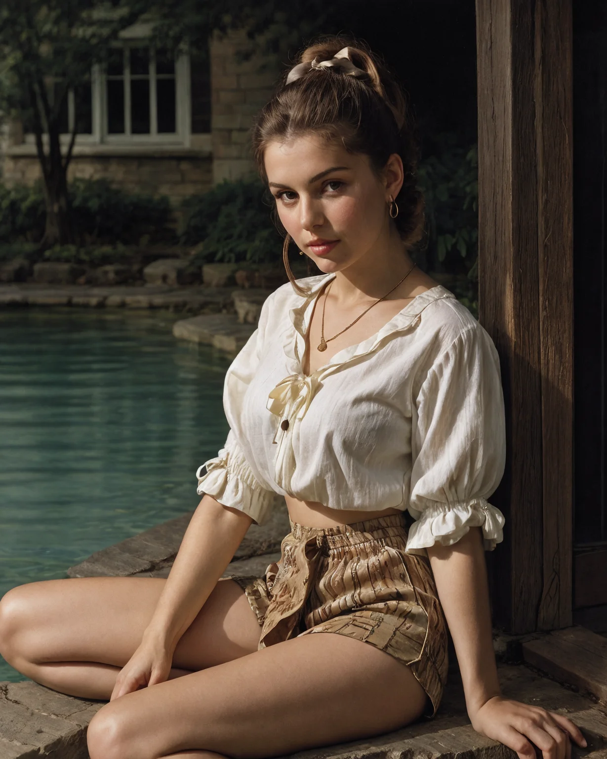 Johmeer, frush, a young 21yo Wisconsinite Wisconsin woman in
Reflecting pools mirroring the opulent palace, (poised pose, sitting with shoulders back and chin lifted, displaying confidence:1.1)
(bronze hair color in a bow ponytail style:1.2),
pendant necklace ,
(beige relaxed peasant blouse with embroidered details and artistic vintage shorts, tie-dye design, and celebrating the free-spirited '60s vibe:1.1)
(SkinHairDetail:0.5)
<lora:LowRA:.3>
<lora:more_details:0.5>
<lora:Johannes Vermeer style:.6>
<lora:pearlfrush:.7>