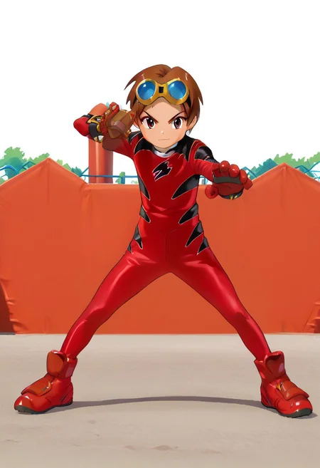 score_9, score_8_up, score_7_up, zPDXL2,
1boy, solo, goggles on head, brown hair,
,standing on playground,henshin pose,
geki red, red bodysuit, black markings, red gloves, red boots,