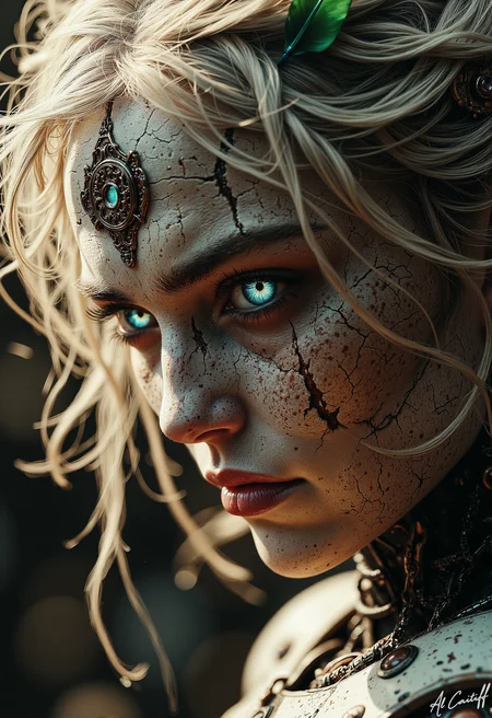 Shallow f/1.4 depth of field. Close-up of a humanoid robot face with cracked, weathered texture resembling leather and stone. Deep indigo eyes with vertical pupils, focused intently off-camera. Expression mixes curiosity and concern. Delicate copper filigree and gears adorn its head. A single iridescent green feather tucked behind its ear. Warm golden lantern light highlights textures and casts long shadows. Distorted background swirls with color.