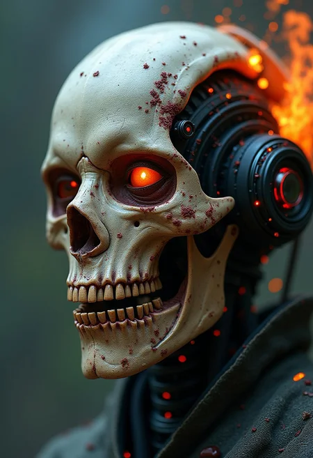 cyborg ultra high resolution, high definition, amazing quality, cyborg, cyberpunk, intricate flesh details with fires in face, robotic, looking at viewer, skeleton jaw, one robotic eye the other human, half human face, half of face a regular human face with lips and eyes, the other a skull cyborg