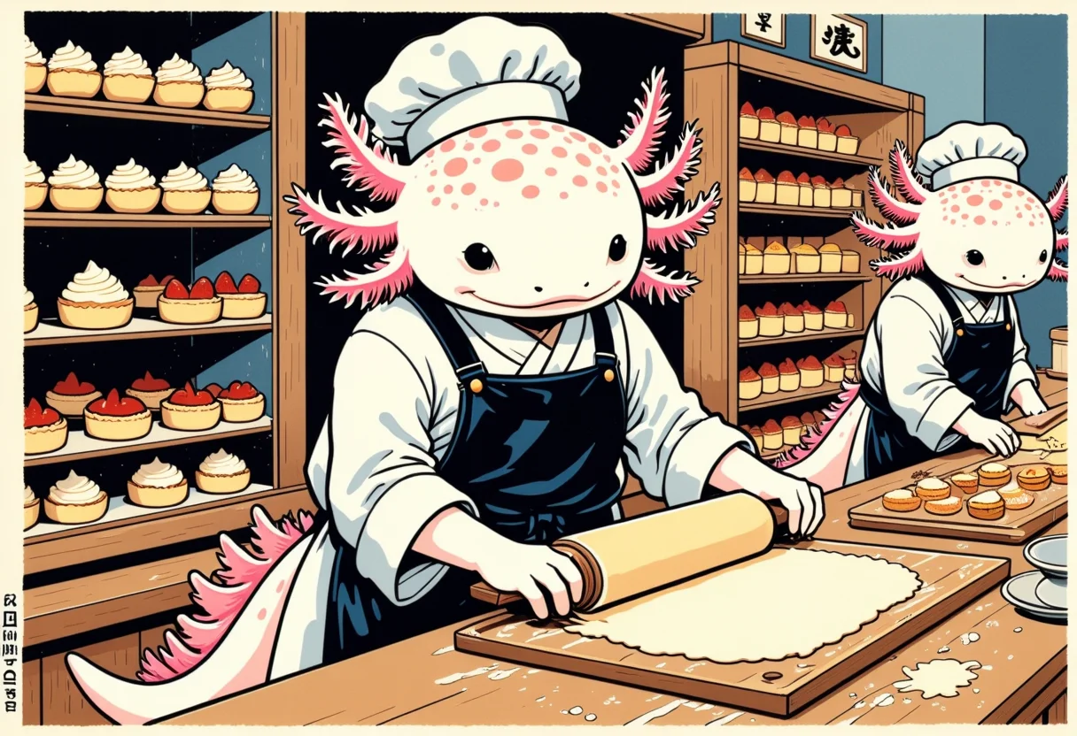 ukiyo-e Japanese block print art of anthropomorphized axolotls, axolotl baker, in a pastry shop, rolling out dough for pastries, wearing a clean apron, display of assorted pastries and tarts, the axolotls are clothed, the block print is masterfully done, showing the serene beauty of the scene, the axolotls have round black eyes and pink frilly gills
