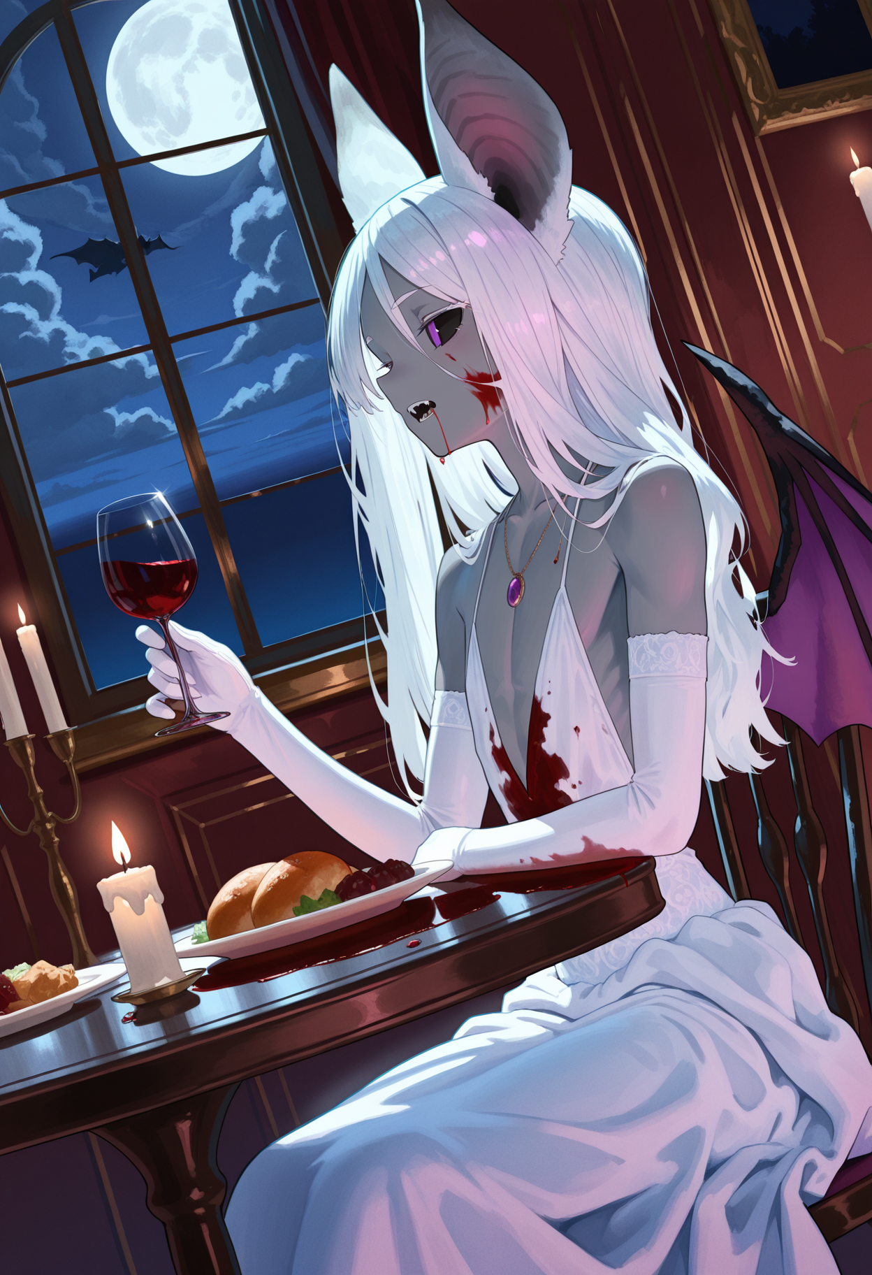 solo, 1boy, flat chest, trap,  small eyes, black sclera, purple eyes, without pupils, color skin, grey skin, bat ears, bat wings, claws, fangs, long hair, white hair, skinny,
white ball gown, long gloves, white gloves, necklace,
drinking glass, sitting, cowboy shot, sitting on chair, side view, dutch angle, holding wine,
blood, blood on dress, blood on face, cup, table, candle, plate, fork, food, wine glass, chair, night, window, moon, clouds,
<lora:katajonytweetIL-style:1>, katajony tweet,,masterpiece,best quality,amazing quality,