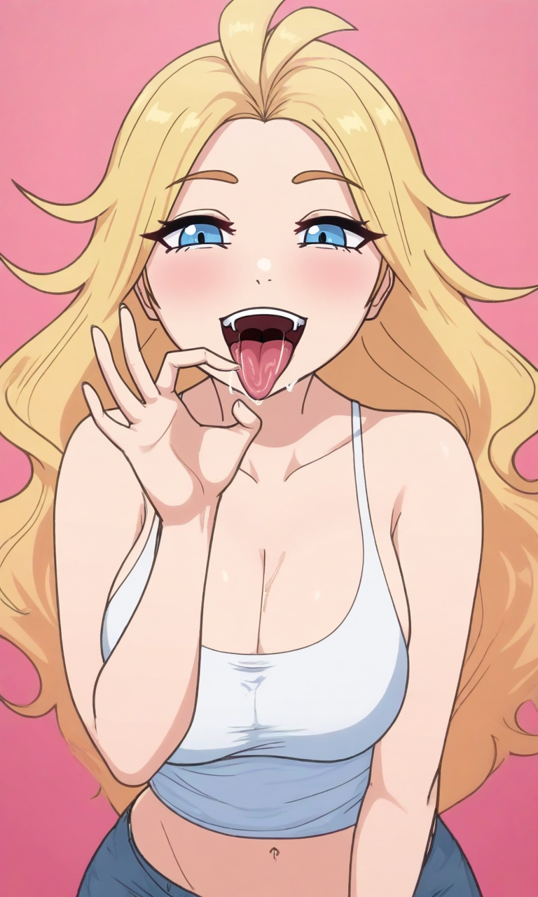 masterpiece, best quality, high resolution, absurdres, 1girl, derpixonstyle, blonde_hair, blue_eyes, large_breasts, navel, looking_at_viewer, happy, tank_top, shorts, cleavage, upper_body, breast_focus, pink_background, fellatio_gesture, tongue_out, open_mouth, saliva
