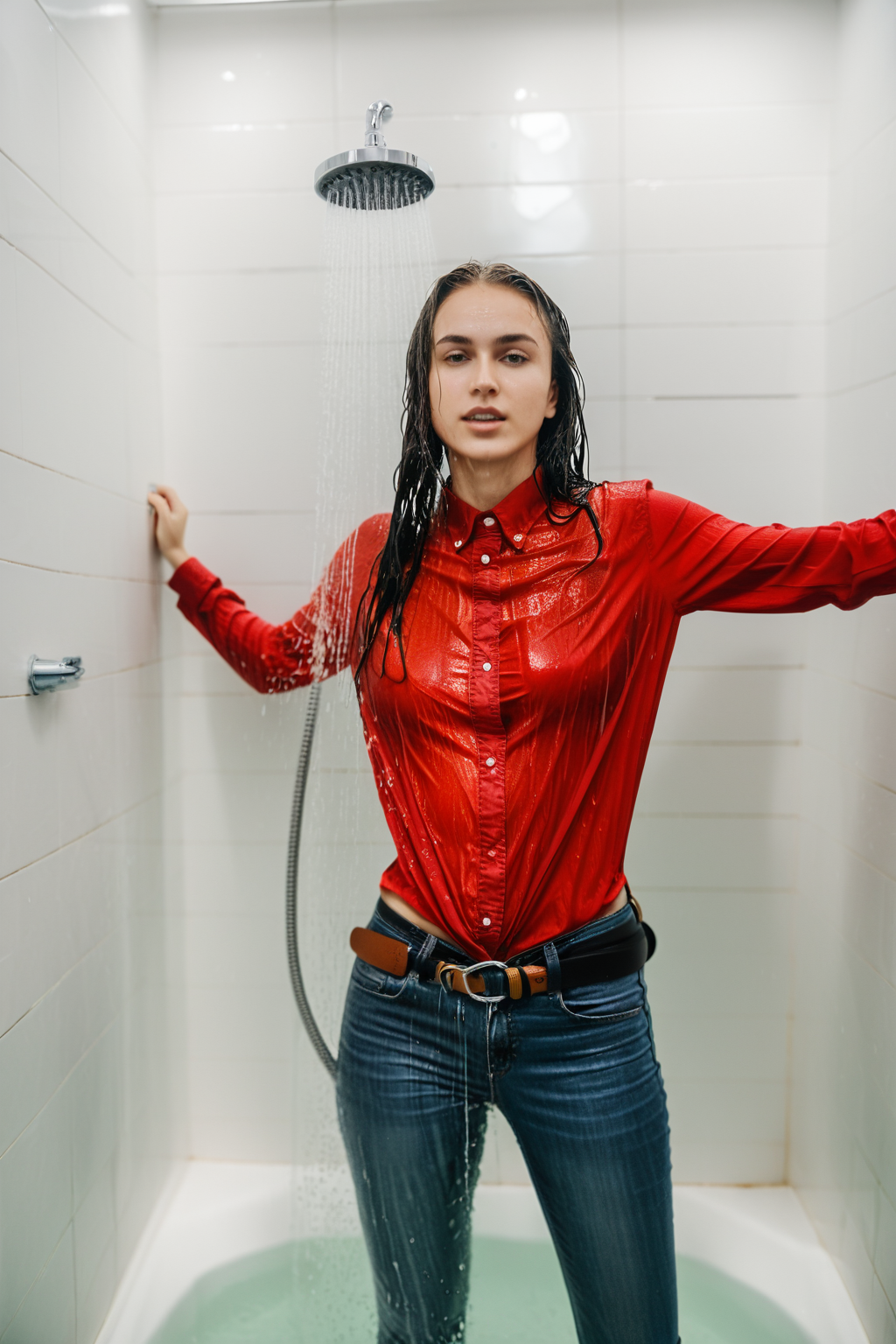 wetgirl, wet hair, wet red shirt, shirt tucked into skinny jeans, belt, looking at viewer, standing in the shower, water drop, photographed on a Fujifilm XT3, 80mm F/1.7 prime lens, cinematic film still, cinestill 500T, highly detailed, masterpiece, highest quality, intricately detailed, HDR, 8k, uhd, photorealistic, <lora:add_detail:0.5>, <lora:wetgirl:0.7>