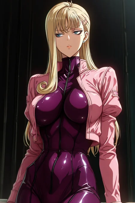 fuurinji miu, blonde hair, long hair, blue eyes, mole under right eyes, slim waist, large breast, pink jacket, purple bodysuit, hairclip, 1girl, solo, alone, <lora:dark_art_style_illustriousXL:1>, dark_art_style, masterpiece, highres