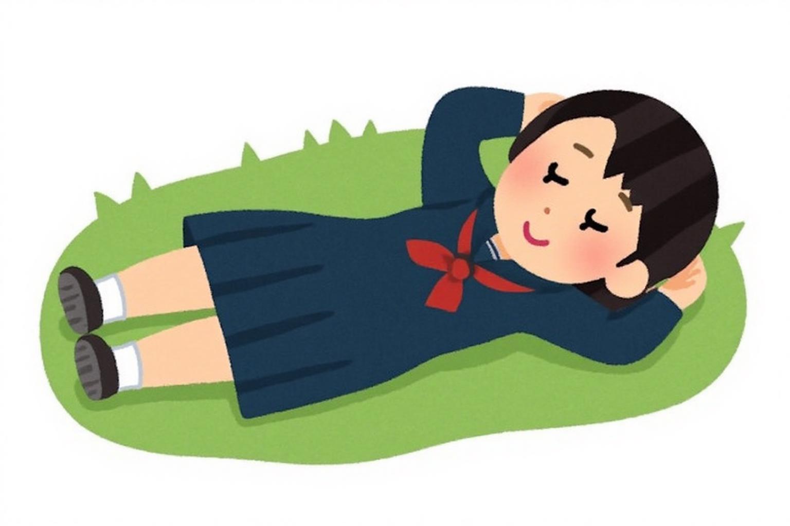 irasutoya1 illustration.
A young girl sleeping, lying on her back with grass around her. She is wearing a dark blue sailor fuku school uniform with white socks. Her hands are placed behind her head, and she has a peaceful expression. <lora:irasutoya1_cap_d8a4e8:1.0><lora:846932789721882335:0>