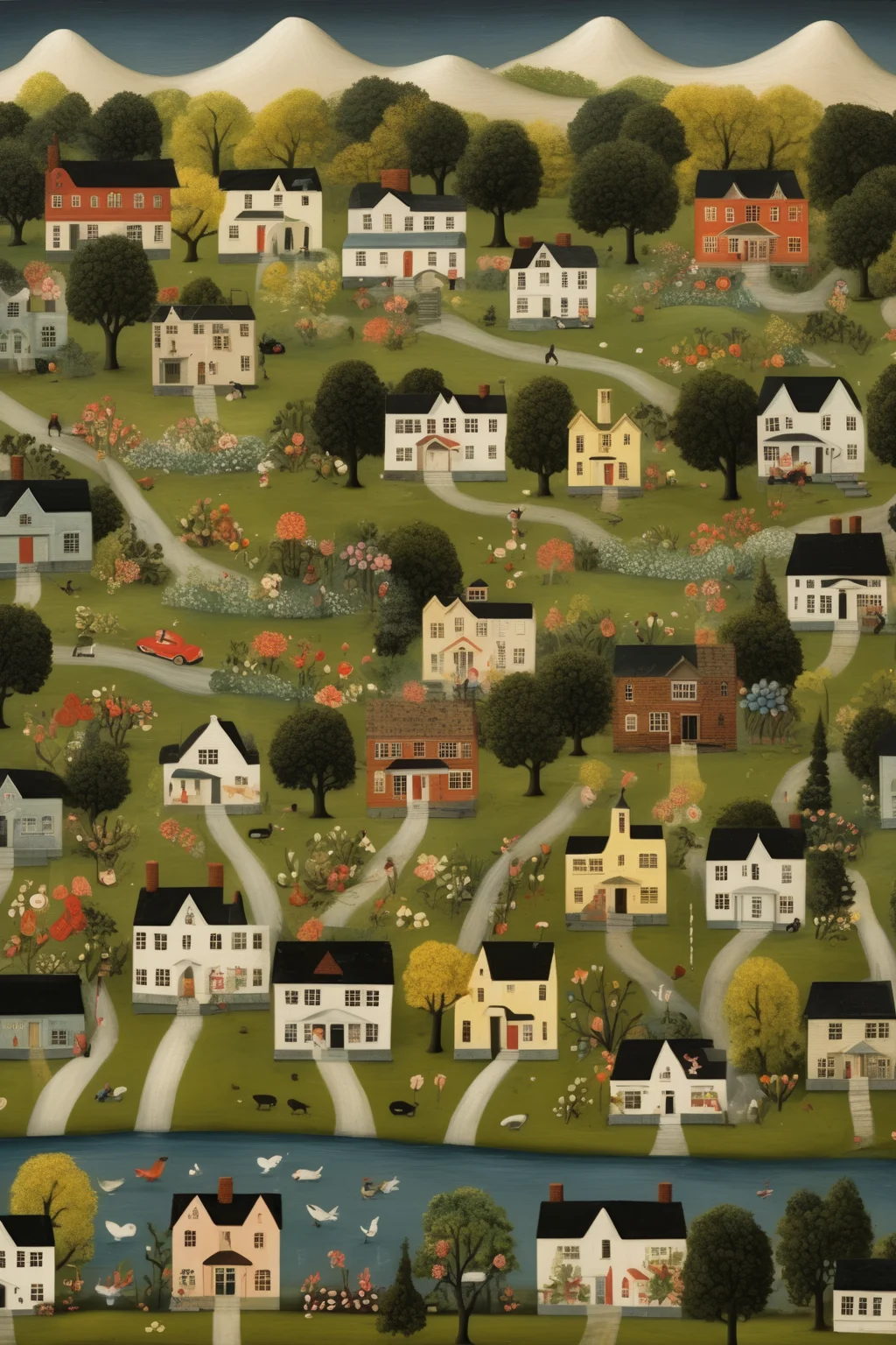 <lora:Folk Art:1>Folk Art - an idyllic small town in springtime, in the style of Jane Wooster Scott