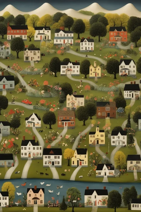 <lora:Folk Art:1>Folk Art - an idyllic small town in springtime, in the style of Jane Wooster Scott