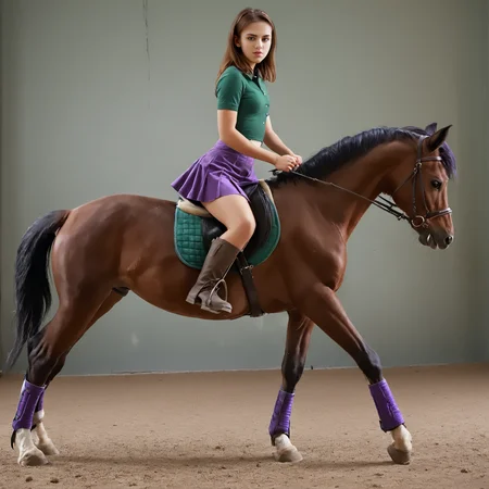 RiHorse, side_view++ (slim 25yo girl) riding a galloping horse. The girl wears purple short skirt and green shirt. The girl has short brunette hair <lora:RideHorse:1>
