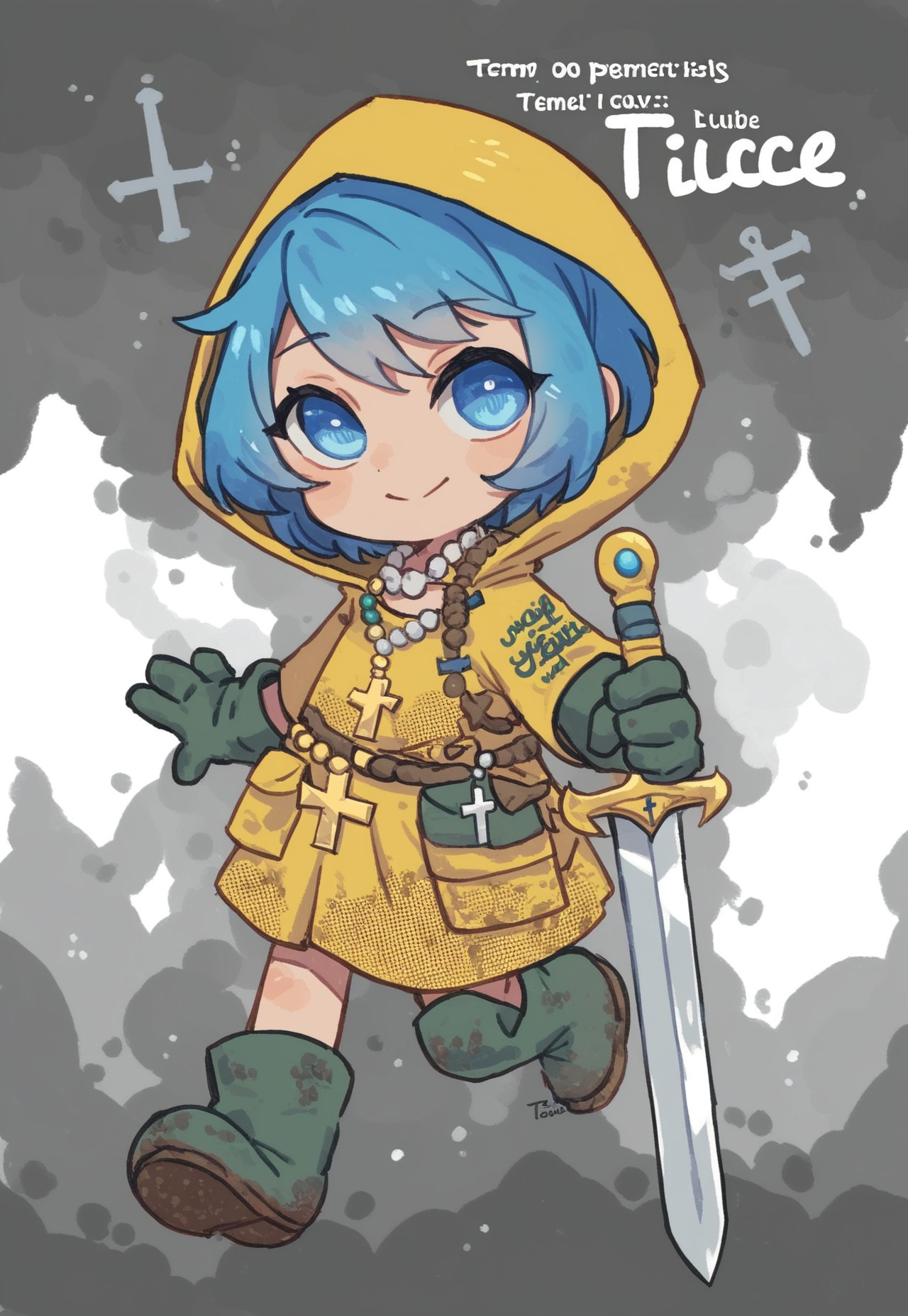score_9, score_8_up, luce, 1girl, blue hair, short hair, weapon, sword, blue_hair, blue_eyes, cross, cape, one_eye_closed, jewelry, english_text, necklace, holding_weapon, hood, holding, short_hair, holding_sword, black_hair, smile, looking_at_viewer, gloves, blue eyes, cross necklace, plate armor, leather armor, templar yellow cloakclothing, chainmail, armor, yellow hood, green boots