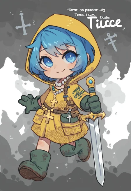 score_9, score_8_up, luce, 1girl, blue hair, short hair, weapon, sword, blue_hair, blue_eyes, cross, cape, one_eye_closed, jewelry, english_text, necklace, holding_weapon, hood, holding, short_hair, holding_sword, black_hair, smile, looking_at_viewer, gloves, blue eyes, cross necklace, plate armor, leather armor, templar yellow cloakclothing, chainmail, armor, yellow hood, green boots