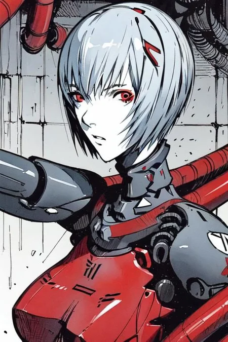 <lora:blame5:1>, cyborg rei ayanami, (ayanami rei:1.2), blue hair, short hair, (red eyes:1.3), portrait, dim light, ((heavy black and white)), only head portrait, blame, full of tubes, biomechanical, giger, horror, mechanical, tubes and metal, rei ayanami, (ayanami rei:1.2), blue hair, short hair, (red eyes:1.3),, bodysuit, headgear, plugsuit, black bodysuit, , hand drawn, pencil drawn, watercolor, painting, handmade, cibo, rei ayanami, (ayanami rei:1.2), blue hair, short hair, (red eyes:1.3),