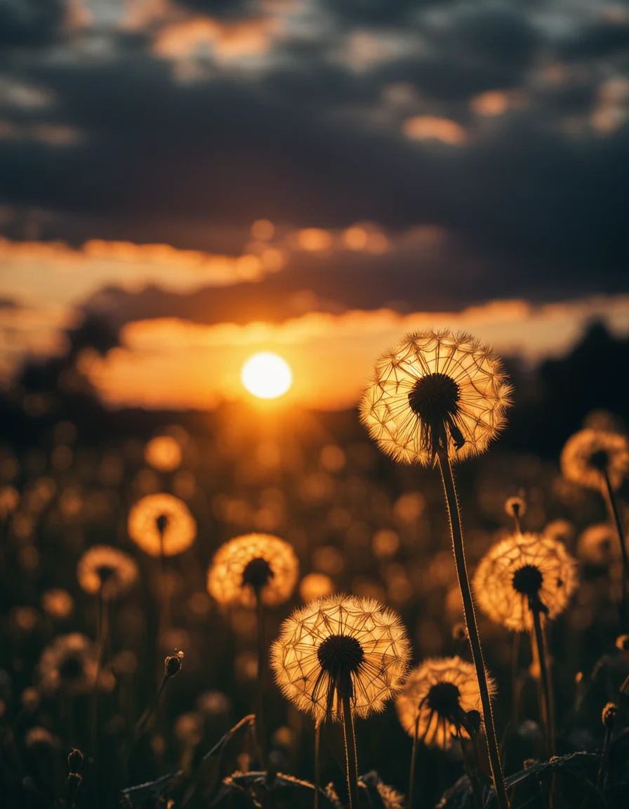 "dandelions and a glorious sunset, by photographer Lee Jeffries nikon d850 film stock photograph 4 kodak portra 400 camera f1.6 lens rich colors hyper realistic lifelike texture dramatic lighting unrealengine trending on artstation cinestill 800