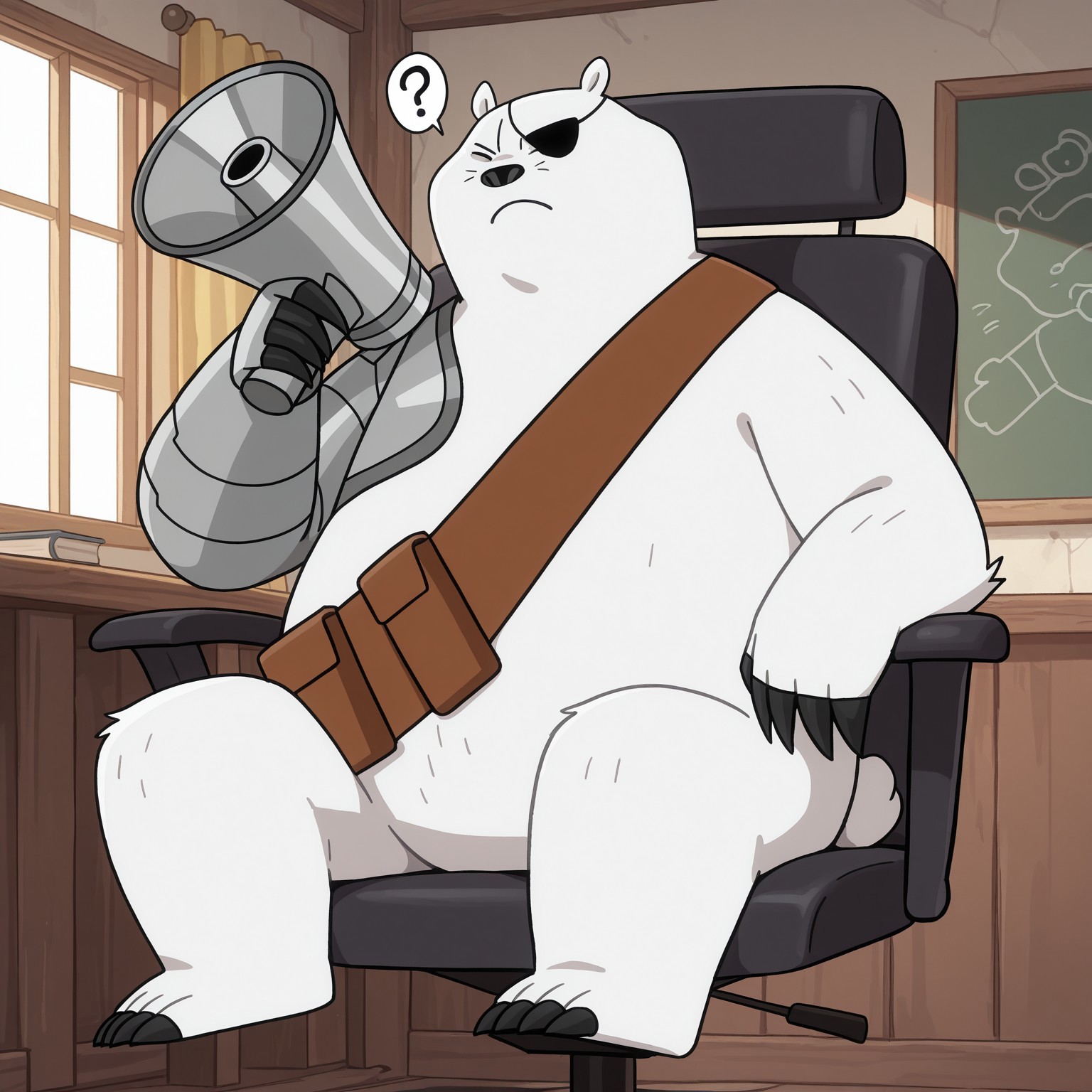2d, solo, 1boy, male, bear, white fur, white body, (no brown fur), black eyepatch, black nose, closed eye, black claws, toe claws, rounded ears, cybernetic right arm, tail, brown bag, bald, no whiskers

BREAK frown, sitting on director chair, holding megaphone, question mark, ?

BREAK best quality, amazing quality, very aesthetic, absurdres, newest, masterpiece, high quality, inside, indoors