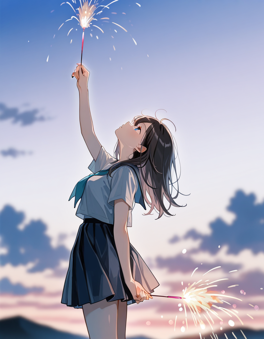 score_7_up, anime BREAK official art, solo, 1girl, one girl, 
<lora:temochihanabi:1>, temochihanabi, 
1girl, solo, fireworks, blurry, outdoors, looking up, sky, blurry background, arm up, depth of field, standing, cloud, bokeh, holding, night, hand-held fireworks,
(masterpiece:1.3), best quality, high resolution, unity 8k wallpaper, extremely detailed CG, 8K, (watercolor \(medium\), muted color, sketch:1.1), perfect anatomy, highly finished, masterpiece, best quality, high quality, amazing quality, great quality, very aesthetic, ultra detailed, highres, absurdres, highly detailed, highly detailed background,