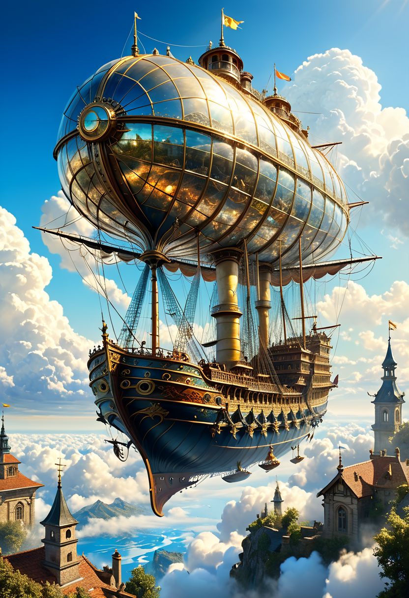 Distant shot, a magic flying ship, above the clouds, in the far distance, brilliant blue sky, stunning, epic magnificent beautiful, realistic, sunbeams, organic tracery, perfect composition, dreamy, digital painting, artstation, concept art, smooth, sharp focus, illustration, Carne Griffiths, pixar, Michael Garmash, Frank Frazetta, Victo ngai, Jean Monge