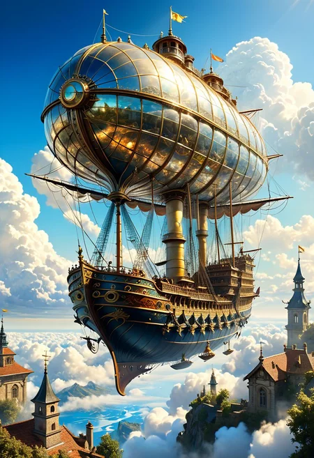 Distant shot, a magic flying ship, above the clouds, in the far distance, brilliant blue sky, stunning, epic magnificent beautiful, realistic, sunbeams, organic tracery, perfect composition, dreamy, digital painting, artstation, concept art, smooth, sharp focus, illustration, Carne Griffiths, pixar, Michael Garmash, Frank Frazetta, Victo ngai, Jean Monge