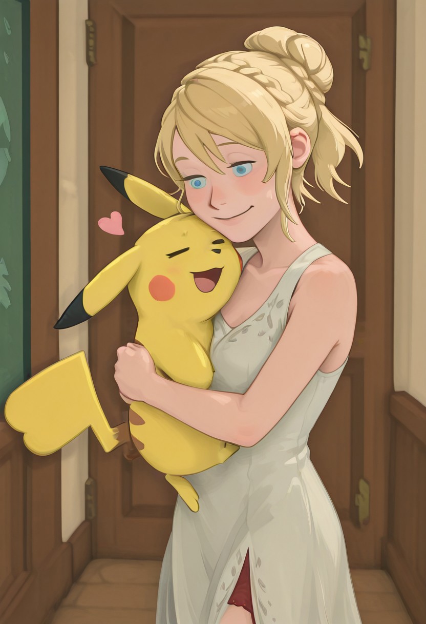 embedding:IllusP0s, g00se, from front, Lunafreya Nox Fleuret, blonde hair, hair up, braid, asymmetrical bangs, sleeveless dress, white dress, blue eyes, hugging pikachu, hug, pikachu, 1girl, solo, loving, smile,<lora:g00se_v2_ill.safetensors:1.0:1.0> <lora:Lunafreya_Nox_Fleuret_ill.safetensors:1:1>