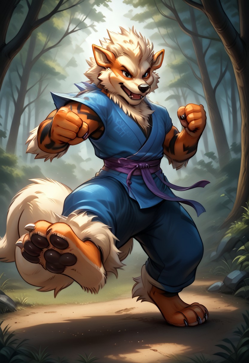 (((Barefoot furry character, full body, cinematic setting, furry male, plantigrade))) 
(((Arcanine))), ((blue kimono and pants, training kung-fu on training ground in the forest, fighting stance, dynamic pose, perform side kick)), (((nice feet paws, three toes, claws, pawpad)))
BREAK, intricate details, highly detailed, extreme detail, octane render, fine art, best quality, highres, (detailed face:1.5), ((full_body)), UHD, (((perfect hands))), low light