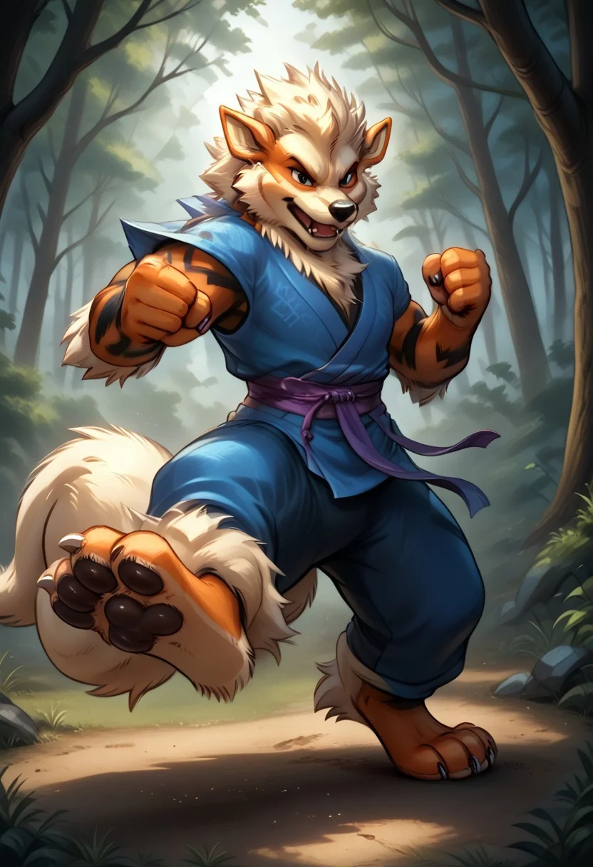 (((Barefoot furry character, full body, cinematic setting, furry male, plantigrade))) 
(((Arcanine))), ((blue kimono and pants, training kung-fu on training ground in the forest, fighting stance, dynamic pose, perform side kick)), (((nice feet paws, three toes, claws, pawpad)))
BREAK, intricate details, highly detailed, extreme detail, octane render, fine art, best quality, highres, (detailed face:1.5), ((full_body)), UHD, (((perfect hands))), low light