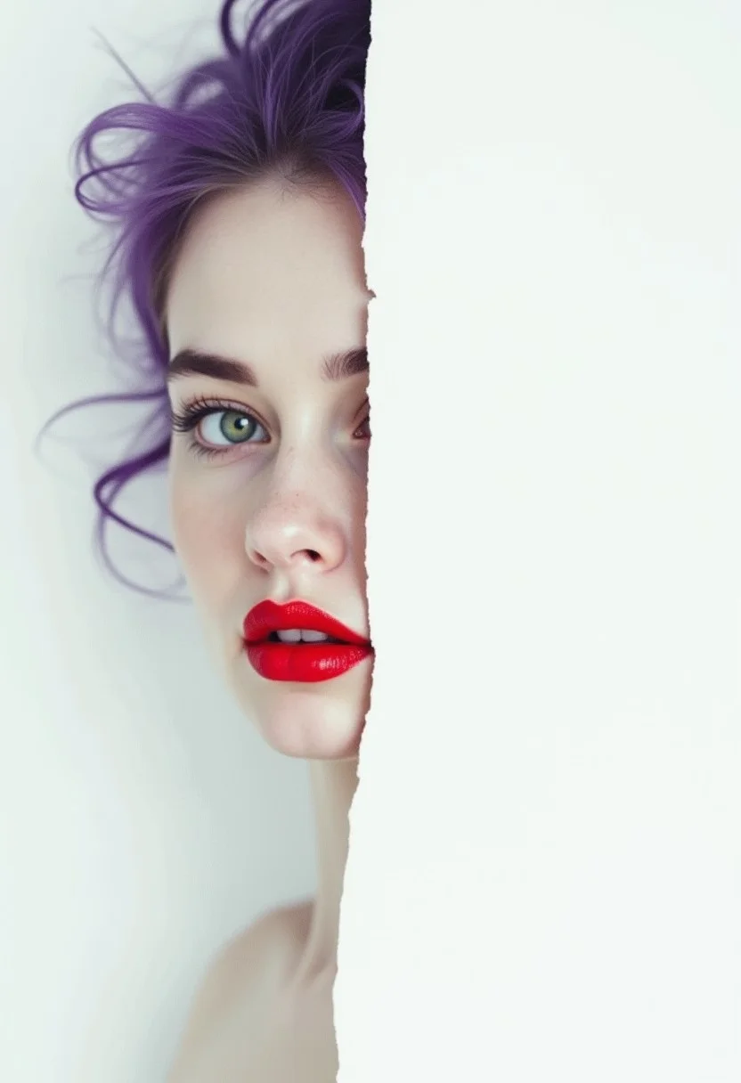 A captivating minimalist portrait of a shy and alluring woman. The left half of her face is visible, with her delicate features seamlessly merging into a blank canvas of white. Her soft, bright red lips contrast against the monochromatic background, drawing the viewer's attention. Purple hair, green eyes. Her eyes hold a subtle, mysterious expression that exudes both haunting and enchanting vibes. The simplicity of the composition, with its stark contrast, evokes a sense of ethereal beauty. by Sasan