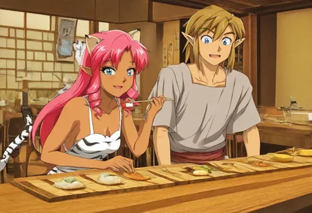 Pink_DragonPink, 1girl, sleeveless dress, white tiger print dress, pelvic curtain, cleavage, white tiger tail, red sash, small breasts, leather shoes, masterpiece, very aesthetic, cute expression <lora:pink-illustrious:1>, japanese restaurant, counter, showcase, omakase, sushi plate
Break
(anime, anime coloring:1.3),1boy,Anime screencap,link (zelda),blonde hair,blue eyes,pointy ears, wearing blue hyilian tunic, holding chopsticks, Link feeding dragonpink sushi, indoor, chair, window, japanese restaurant, counter, showcase, omakase, sushi plate, wooden plate,
Dragonpink and Link happily enjoy a meal, indoors, chair, window, japanese restaurant, link and dragonpink feed each other sushi, counter, showcase, omakase, sushi plate, wooden plate, both dragonpink and link upper bodies in frame, smiling at each other
