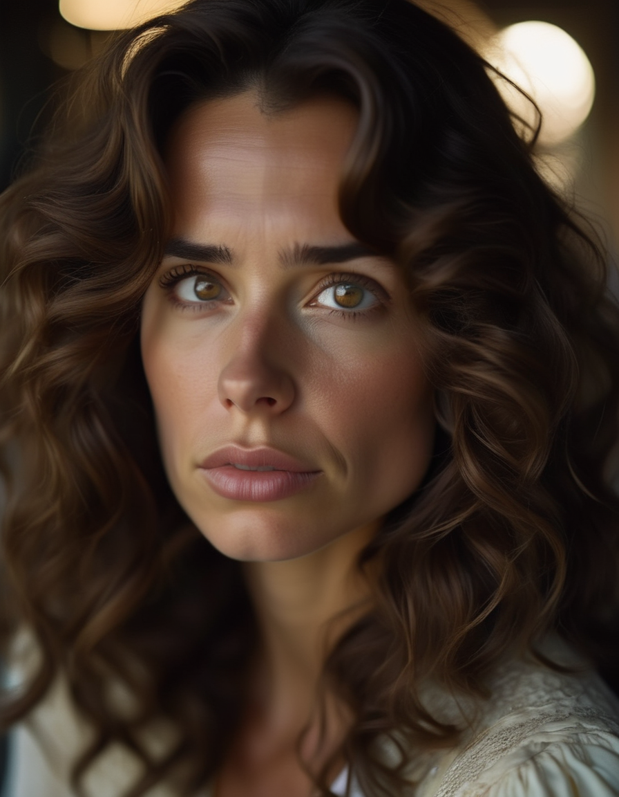 A wistful close-up of a woman with wavy brown hair, her heart-shaped face tinged with sadness, her hazel eyes distant and reflective, her lips slightly parted in a soft sigh, lost in thought. <lora:usual-portrait-v2:1>