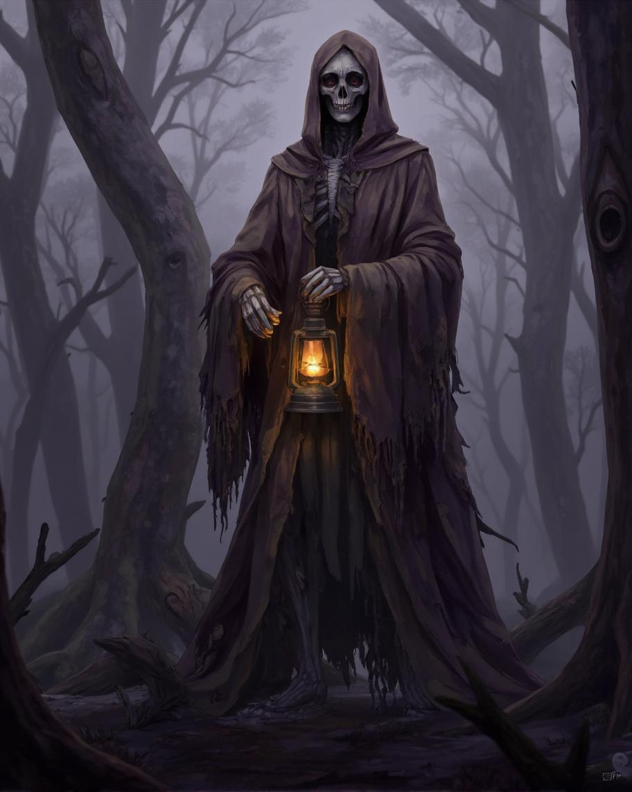 <lora:ck-LttleGhost-000011.safetensors:1> in the style of ck-lttlegh0stA skeletal figure shrouded in tattered, worn-out robes holds an antique lantern amidst fog-enshrouded trees, radiating an eerie presence and dark elegance. Muted purples, grays, and earth tones envelop the scene, punctuated by a warm glow from the lantern. The camera angle accentuates the figure's imposing stature as the robe appears to be on the brink of disintegrating, releasing secrets of the past.