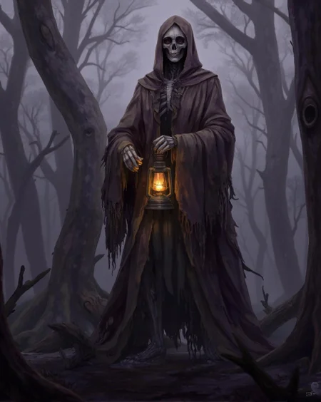 <lora:ck-LttleGhost-000011.safetensors:1> in the style of ck-lttlegh0stA skeletal figure shrouded in tattered, worn-out robes holds an antique lantern amidst fog-enshrouded trees, radiating an eerie presence and dark elegance. Muted purples, grays, and earth tones envelop the scene, punctuated by a warm glow from the lantern. The camera angle accentuates the figure's imposing stature as the robe appears to be on the brink of disintegrating, releasing secrets of the past.
