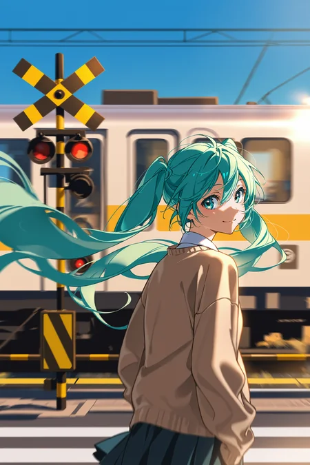 masterpiece, best quality, absurdres, safe
1girl, solo, hatsune miku, train, motion blur, outdoors, blue sky, railroad crossing, crosswalk,
looking back, from behind, smile, (floating hair:1.2),
yoneyama mai
<lora:train_in_background_il_1_d16:1>