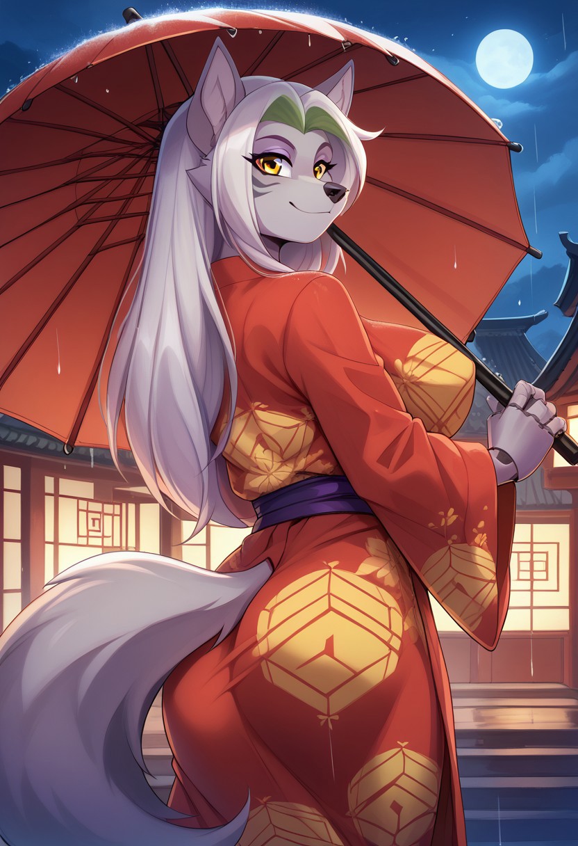 <lora:Scappo_Style_v2_PonyXL:0.8> by scappo, scappo,  score_9, score_8_up, score_7_up, Roxymayosplash, 1girl, solo, anthro wolf, long hair, silver hair, Green bangs, yellow eyes , grey fur, big breasts , big ass, tattoo, robot joints, BREAK,  cute, cute dress, cute pose, Chinese yukata, beautiful yukata, gorgeous patterns on clothes, looking at viewer, holding traditional chinese umbrella, standing under umbrella, night, rain, chinese village background,