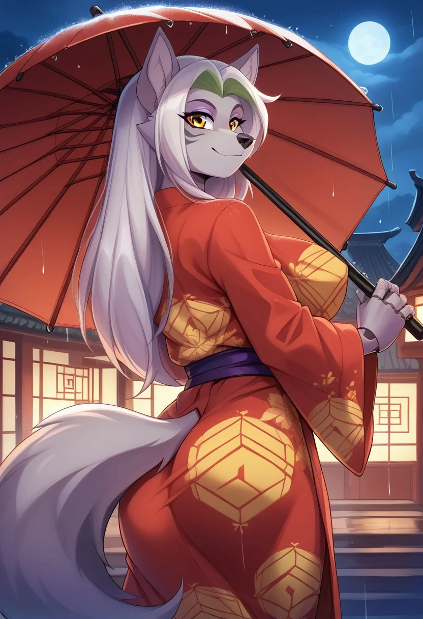 <lora:Scappo_Style_v2_PonyXL:0.8> by scappo, scappo, score_9, score_8_up, score_7_up, Roxymayosplash, 1girl, solo, anthro wolf, long hair, silver hair, Green bangs, yellow eyes , grey fur, big breasts , big ass, tattoo, robot joints, BREAK, cute, cute dress, cute pose, Chinese yukata, beautiful yukata, gorgeous patterns on clothes, looking at viewer, holding traditional chinese umbrella, standing under umbrella, night, rain, chinese village background,