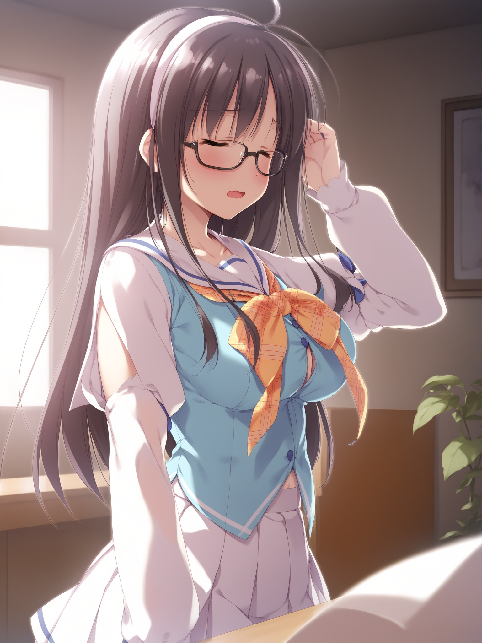1girl, 
score_9, score_8_up, score_7_up, rating_explicit, (BREAK:-1), source_anime, Himeno_Towa, solo, solo focus, purple eyes, long hair, black hair, ahoge, hair ribbon, white ribbon, hairband, white hairband, large breasts, school uniform, serafuku, blue serafuku, ribbon, orange ribbon, skirt, white skirt, thigh, thighhighs, white thighhighs zettai ryouiki, looking at another, from side, dutch angle, (winter:1.1), (midnight:1.1), dim lighting, natural lighting, pov closed eyes, embarrassed, open mouth, black-framed eyewear, blush, glasses, black footwear, miniskirt, wavy mouth, breasts, long sleeves, indoors, arm up, pleated skirt, chestnut mouth, bizarro, 
masterpiece, best quality
 <lora:Himeno_Towa_Pony_v1:0.7>