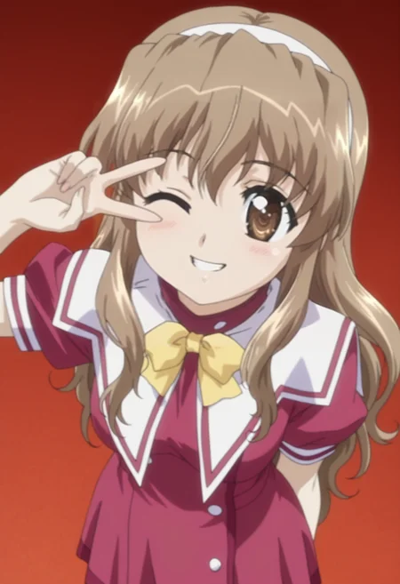 masterpiece, best quality, amazing quality, anime screencap, anime coloring, 1girl, solo,  <lora:DX888HarukaIL:1> nogizaka haruka, brown hair, brown eyes, long hair
hairband, school uniform, short sleeves, yellow bowtie,BREAK red background, mosaic background,  (simple background:1.2) BREAK  (dynamic pose:1.2), from above,  looking up, looking at viewer,  smile,   one eye closed, grin, , blush,  v over eye,