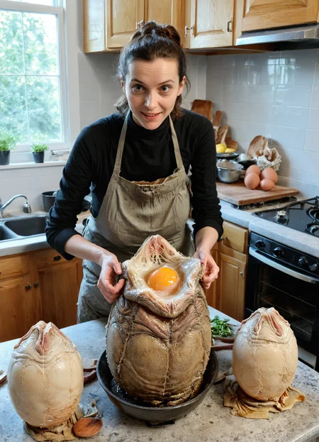 woman housewife with frying pan preparing big xenomorph eggs, xenoegg, satisfied, explains in the kitchen, High detail RAW color Photo, 8k, F2.8, <lora:Xenomorph_Egg_SDXL:1> <lora:xl_more_art-full_v1:0.8>