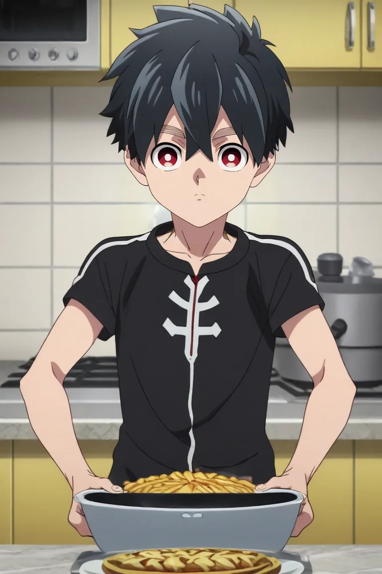 score_9, score_8_up, score_7_up, source_anime, rating_safe, , anime screencap, anime coloring, , looking at viewer, , 1boy, solo, male focus, <lora:kabane_kusaka_pony:0.94>, kabane_kusaka, black hair, red eyes, short hair, hair between eyes, straight-on, kitchen, cooking, dawn, dynamic pose, happy, taxi driver costume, <lora:sdxl_lightning_8step_lora:1>
